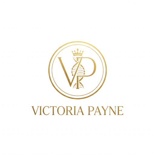 Logo dor&eacute; Victoria Payne compos&eacute; des initiales VP, d'une h&eacute;lice d'ADN et d'une couronne dans un cercle.